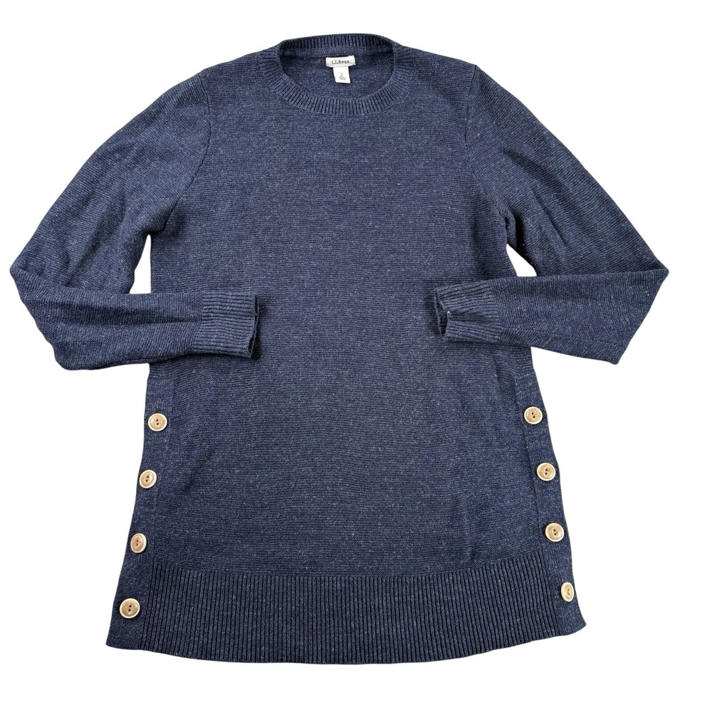 LL Bean Sweater Womens S Blue Tunic Pullover Button Sides Cotton Casual Outdoors